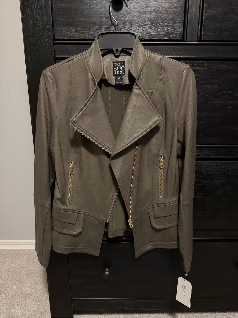 Clara Sun Woo Olive Faux Leather Moto Jacket with Gold Hardware